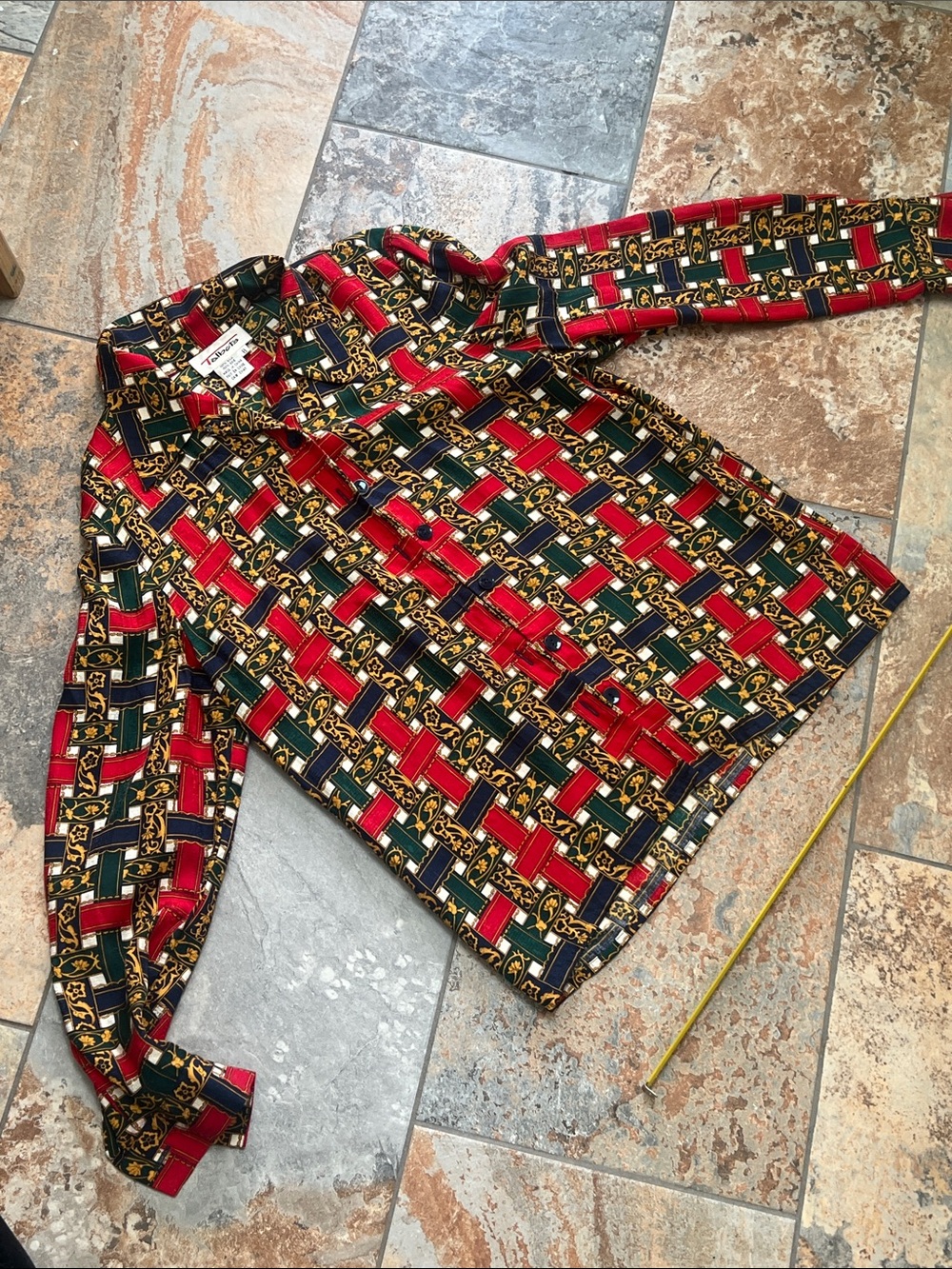 Talbots Red, Green, Navy and Gold Patterned Silk Button-Up Shirt